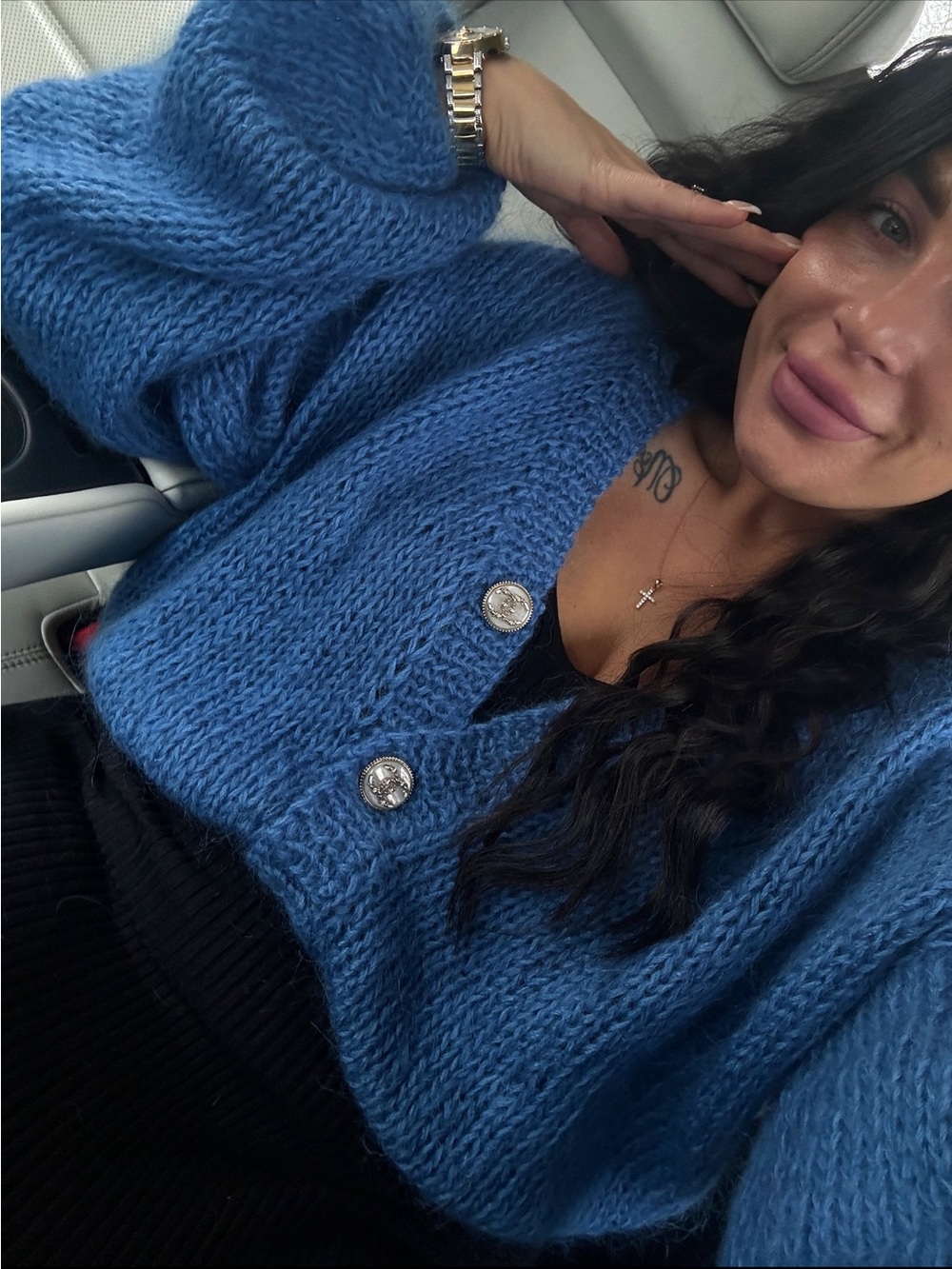 Chunky V-Neck Cropped Cardigan Sweater - Blue with Chanel buttons